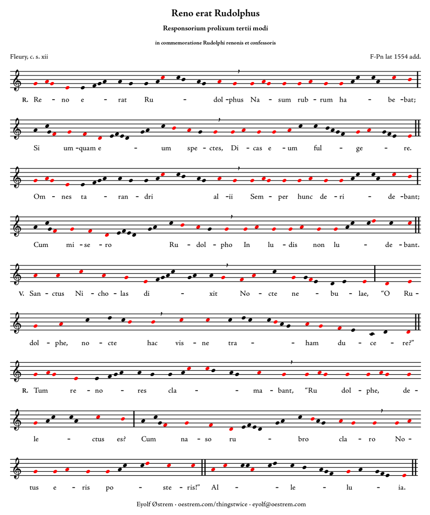 Reno erat Rudolphus, modern notation with melody tones marked in red